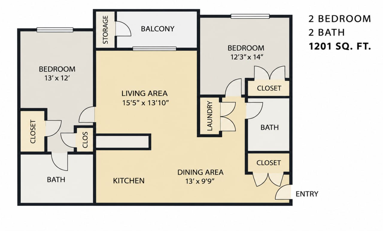 Commons Two Bedroom — 2D floor plan drawing, 1201 sq ft