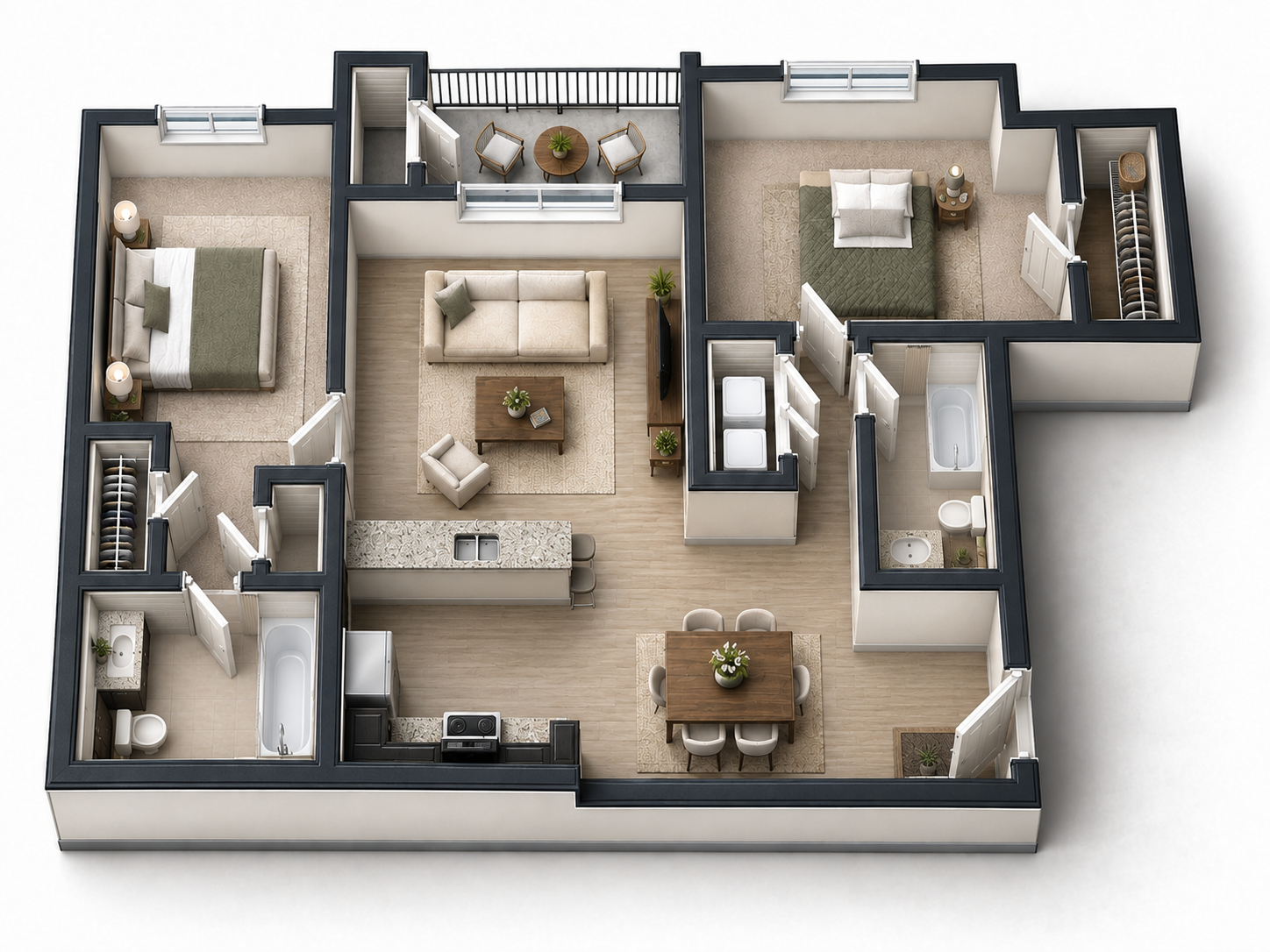 Commons Two Bedroom Large — 3D isometric cutaway view