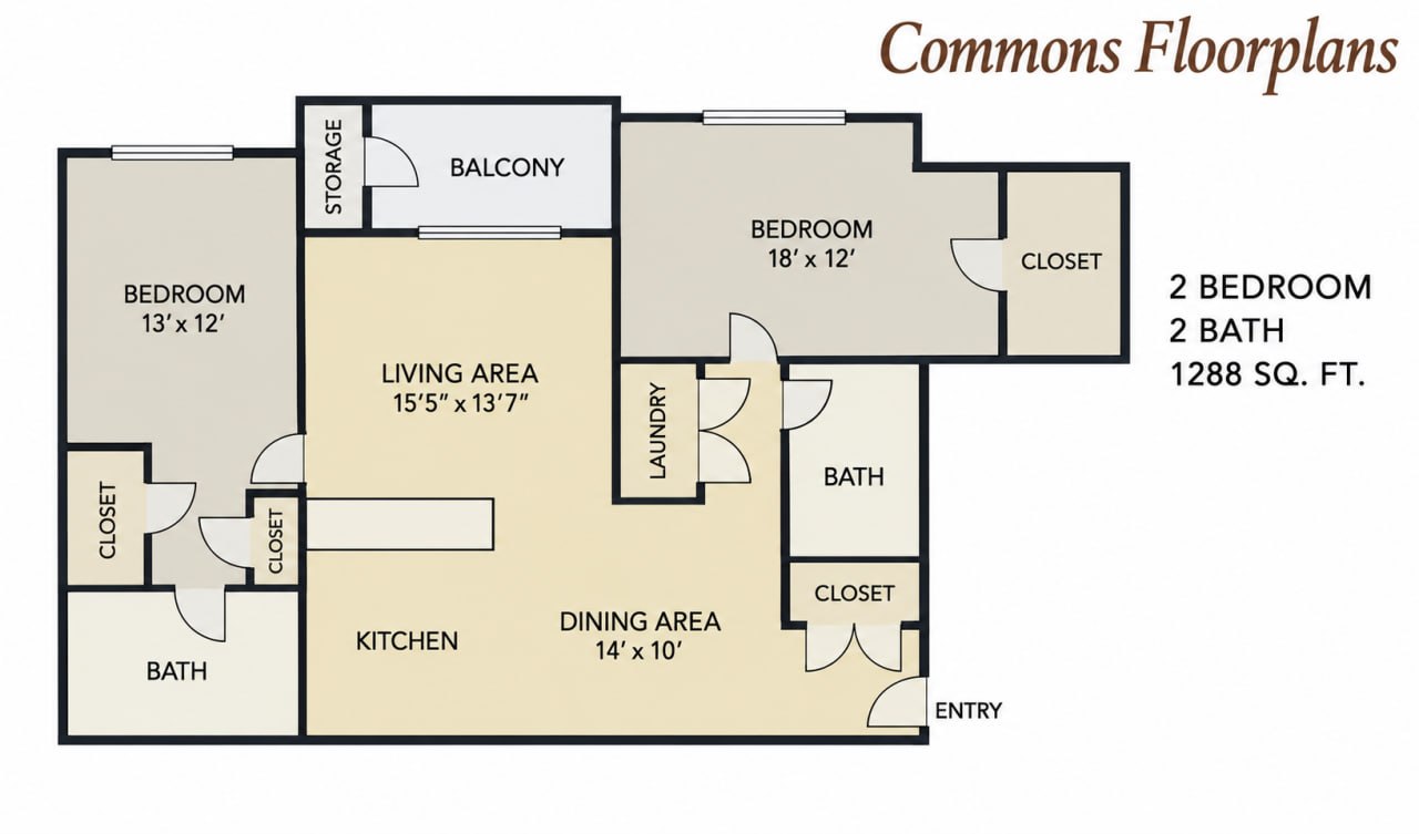 Commons Two Bedroom Large — 2D floor plan drawing, 1288 sq ft