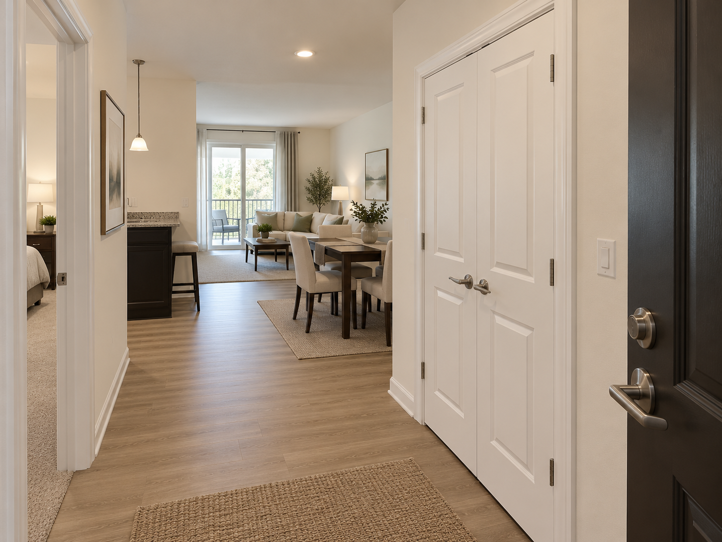 Commons Two Bedroom Large — entry hallway looking toward the dining and living area