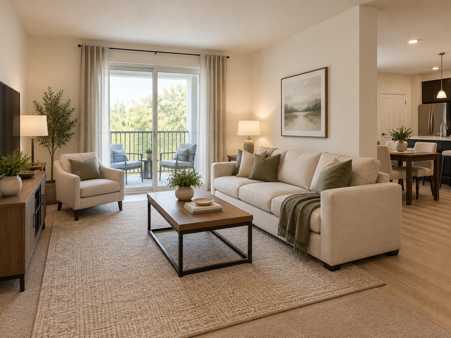 Commons Two Bedroom Large — living room with balcony, dining area and kitchen