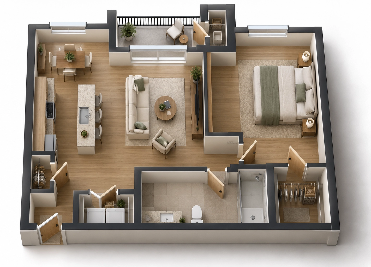 Commons 1 Bedroom — 3D isometric cutaway view