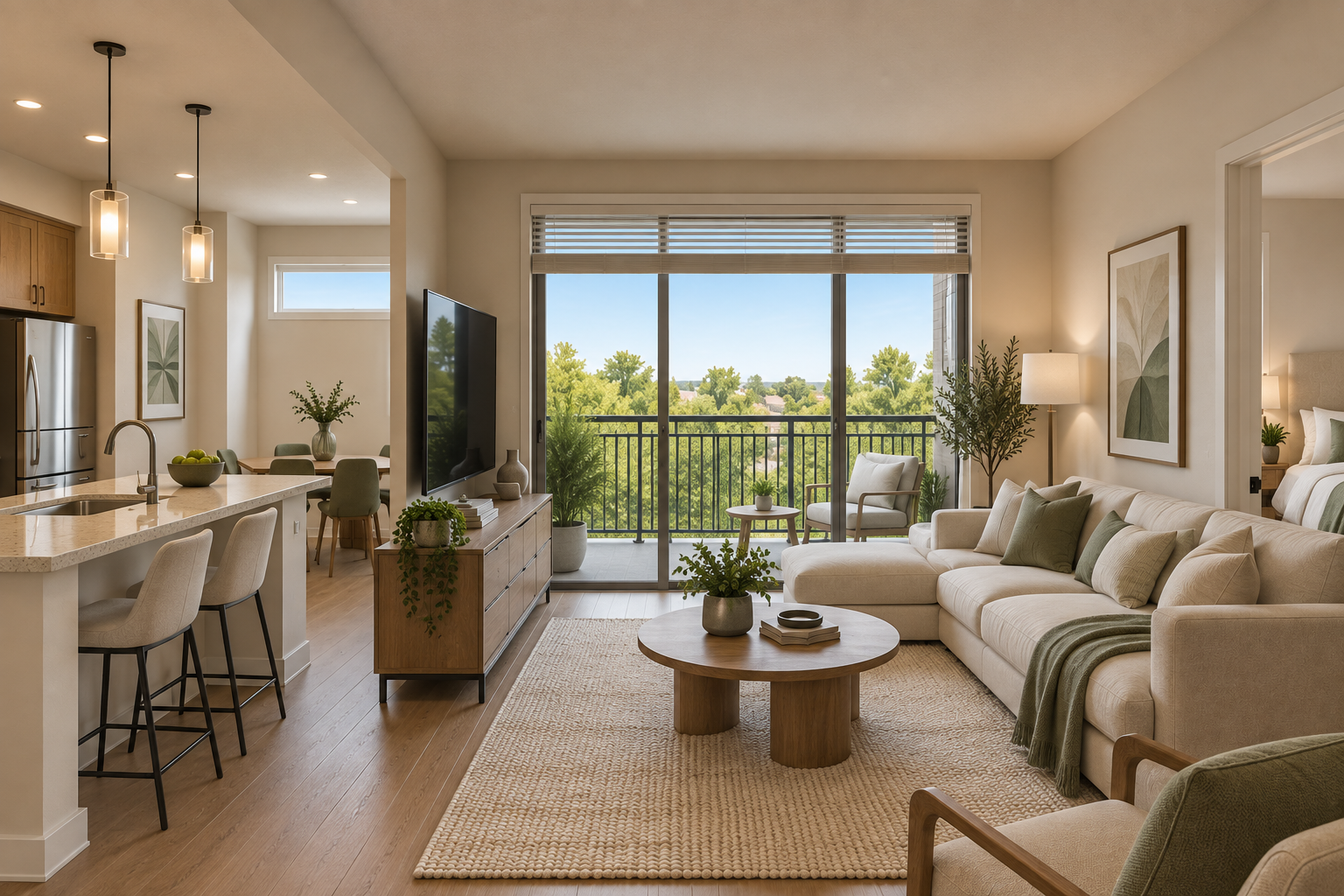 Commons 1 Bedroom — living room with kitchen island, dining area and balcony view