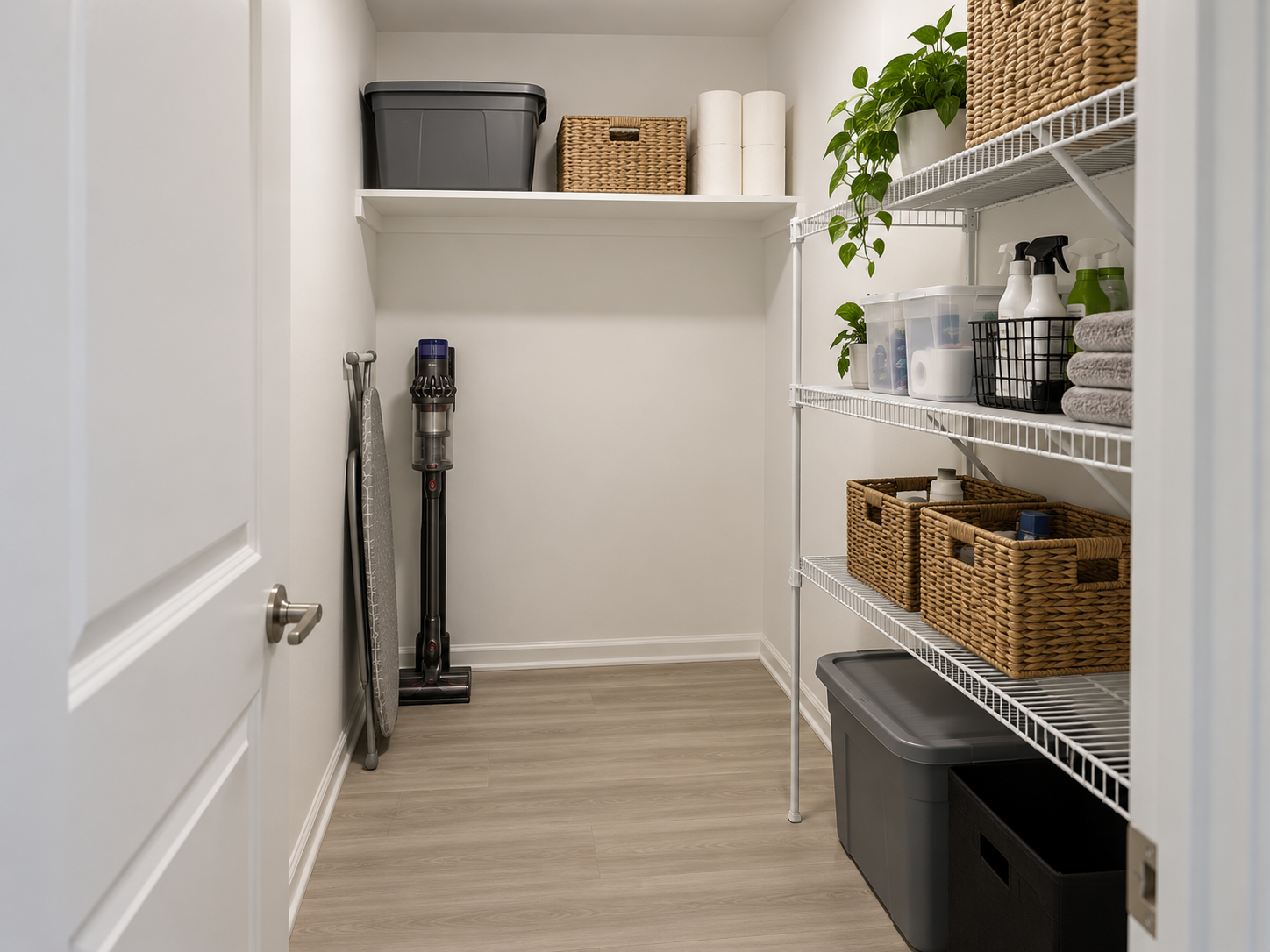 Storage closet with wire shelving, baskets and a vacuum