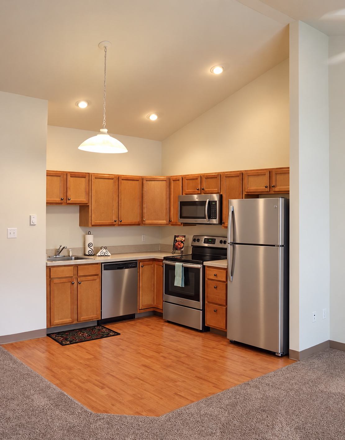 Kitchen with oak cabinets, stainless steel appliances and a vaulted ceiling