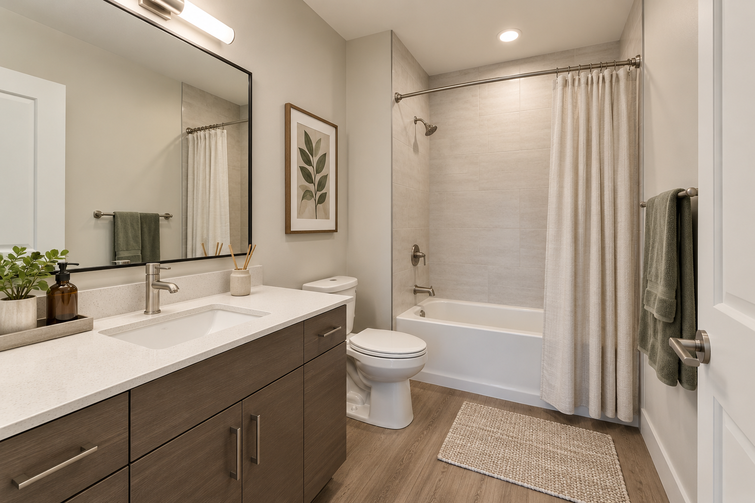 Bathroom with dark wood vanity, framed mirror and tiled tub-shower