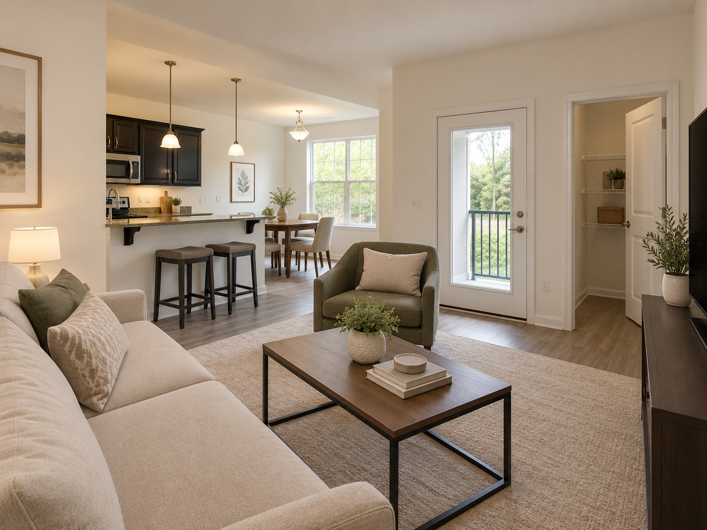 Living room with armchair, breakfast bar and door to the private balcony