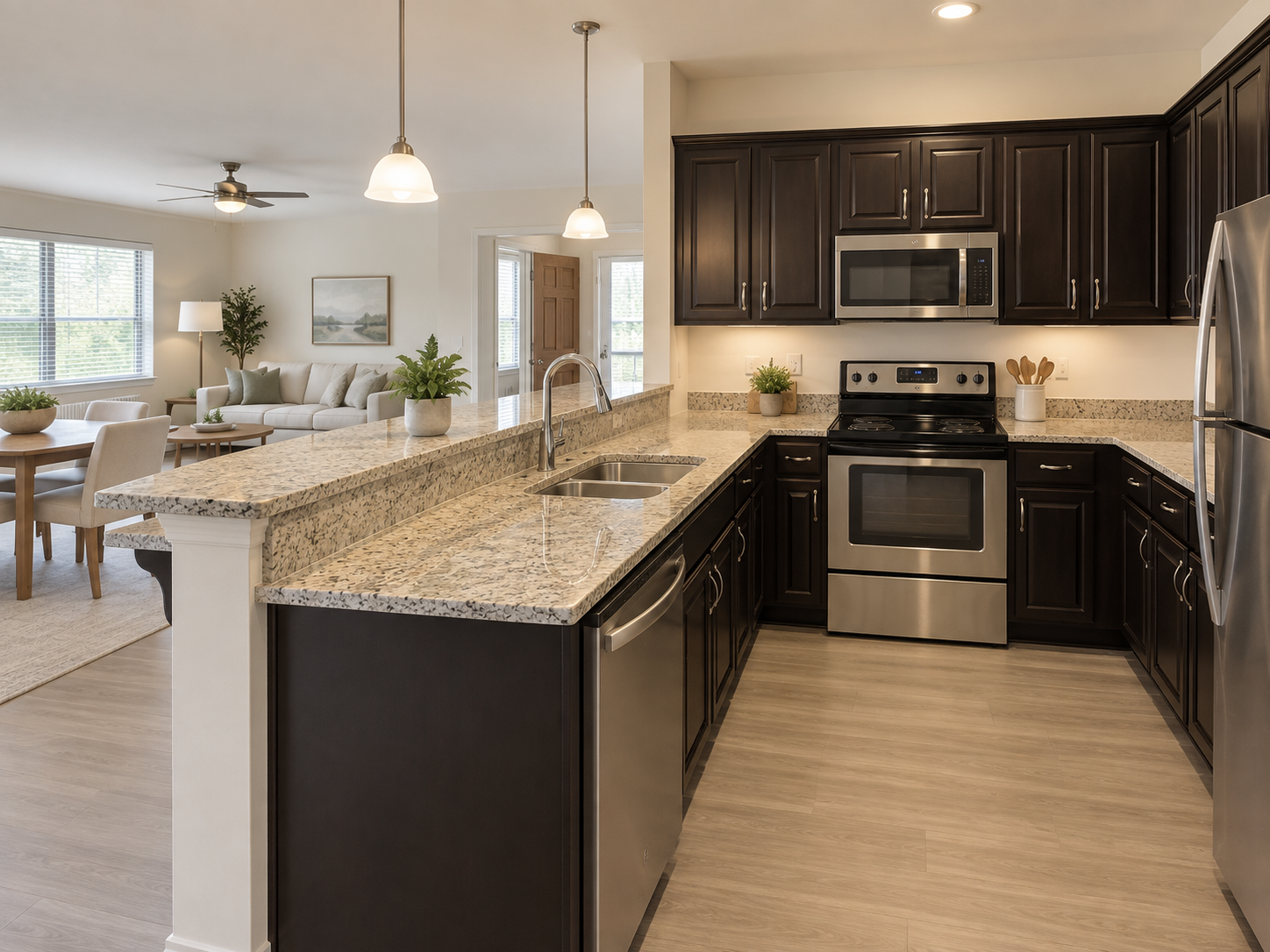 Kitchen with granite peninsula, dark cabinetry and stainless steel appliances opening to the living area