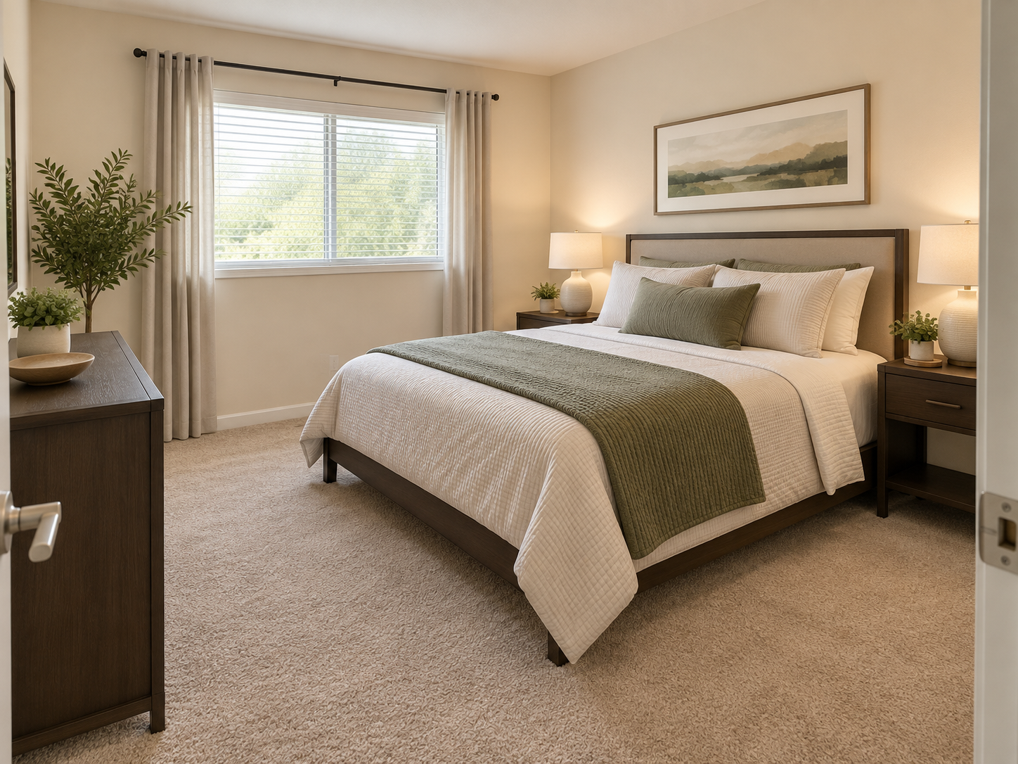 Bedroom with upholstered bed, green throw, nightstands and a large window