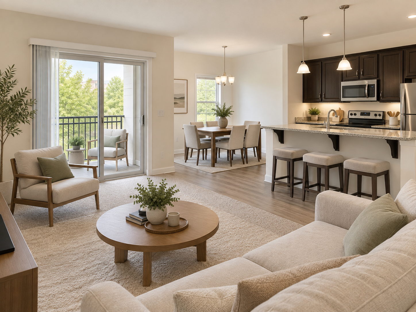 Living and dining area with breakfast bar stools, pendant lights and a sliding door to the balcony