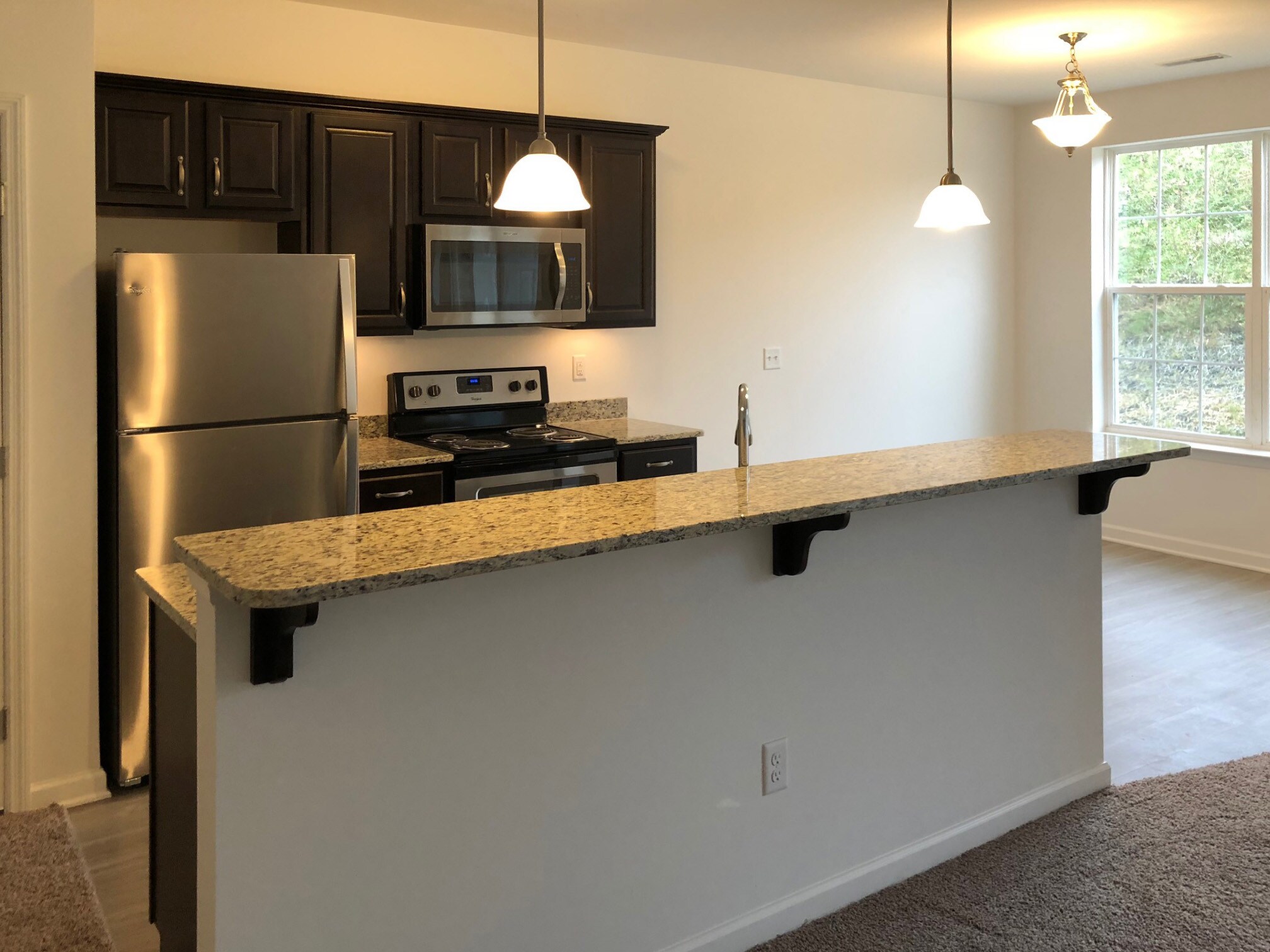Kitchen breakfast bar with pendant lights, stainless steel appliances and a window