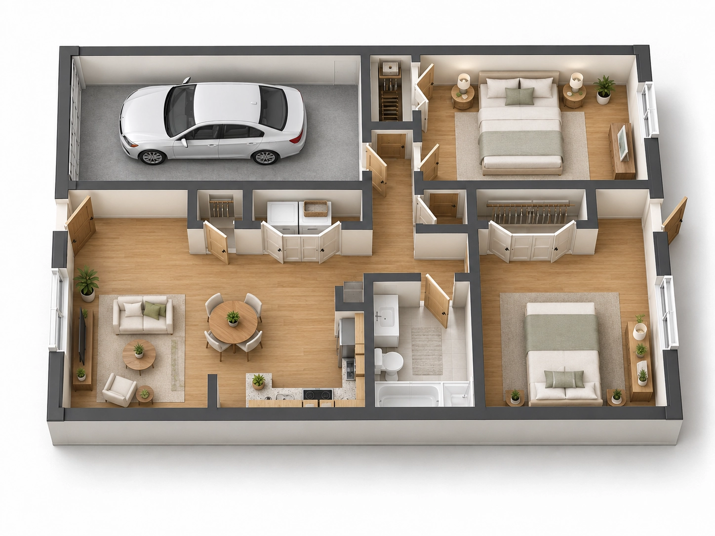 Village 2 Bedroom — 3D isometric cutaway view