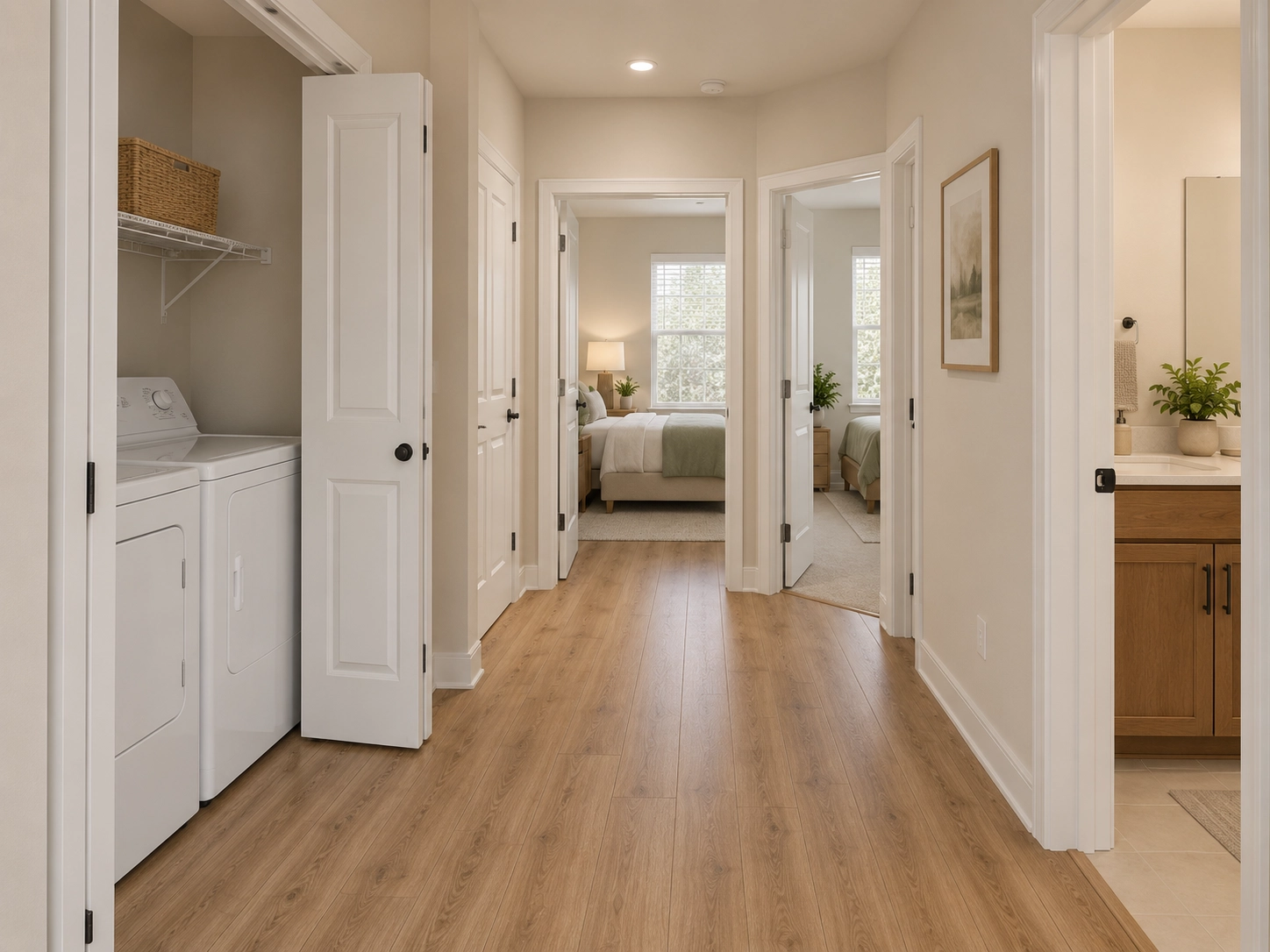 Village 2 Bedroom — hallway with laundry closet, bedrooms and bath